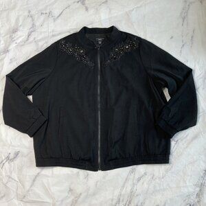 Susan Graver Artisan Bomber Jacket Womens Size 1X Zip Up Black Embroidered Shiny